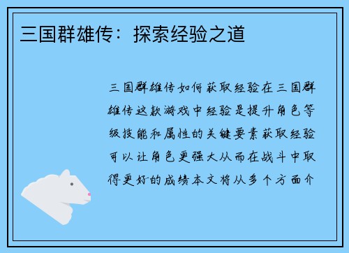 三国群雄传：探索经验之道